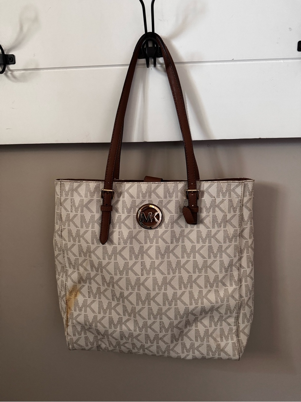 Michael Kors Beige MK Logo Tote with Brown Leather Handles